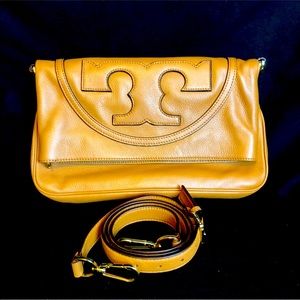 Tory Burch Logo Leather Crossbody Bag Convertible Clutch Bag Beige Tan Taupe